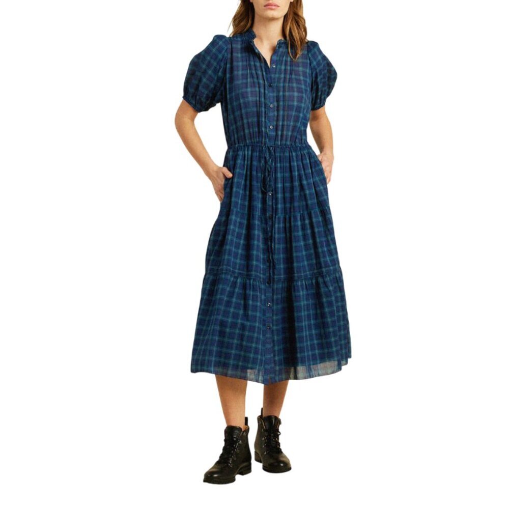 BIrds of Paradise Travota Hildie Midi Dress Womens Small Blue Green Plaid Cotton